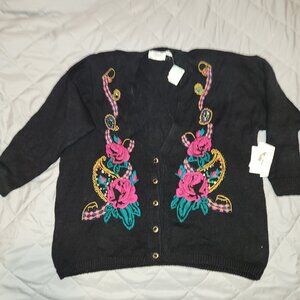 vtg Stefano World Wide Rose Embroidered Sequin Gem Knit Cardigan Sweater 22/24